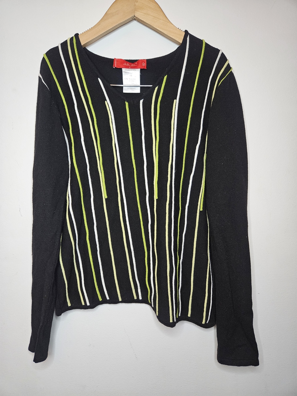LO. RI. Italy Black Knit Sweater Medium Green White Vertical Stripes🔥